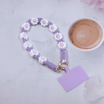 小花朵編織×手機腕帶掛繩×紫白