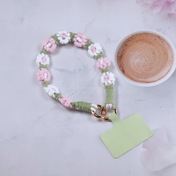小花朵編織×手機腕帶掛繩×綠粉白