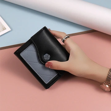 玫瑰格紋皮革×三折短皮夾×黑色