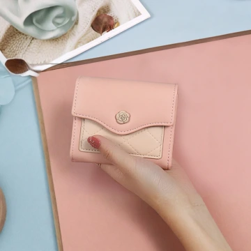 玫瑰格紋皮革×三折短皮夾×粉紅