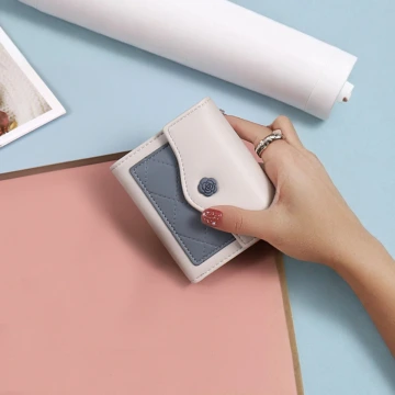 玫瑰格紋皮革×三折短皮夾×白藍