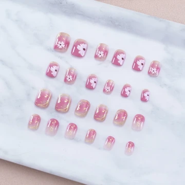 粉染彩繪小白菊亮面×穿戴式手指甲片×二十四入