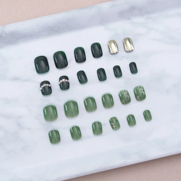 綠金珍珠魔鏡亮面×穿戴式手指甲片×二十四入