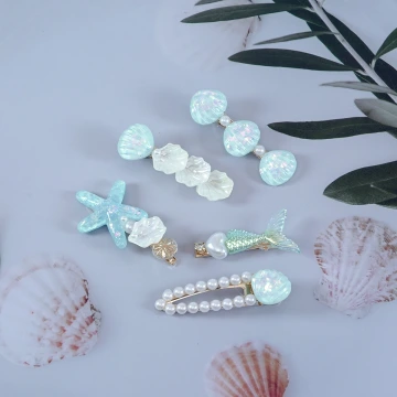 美人魚珍珠×五套件髮夾組×藍色