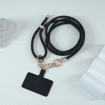 皮革編織×長度可調×手機斜背雙勾掛繩×黑色