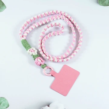 兩朵撞色小花×手機單勾掛脖吊繩×粉白