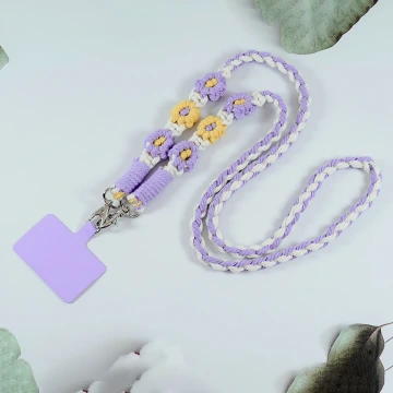 粗麻辮小花朵&times;手機斜背雙勾掛繩&times;紫黃