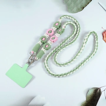 粗麻辮小花朵&times;手機斜背雙勾掛繩&times;綠粉