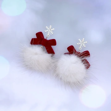 雪花紅絨毛球&times;吊墜耳環