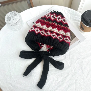 費爾島毛線格紋×毛帽×黑紅