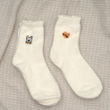 兔貓白色毛襪&times;中筒襪&times;二雙套件襪子組