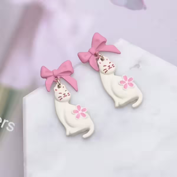 甜美粉櫻小白貓×吊墜耳環