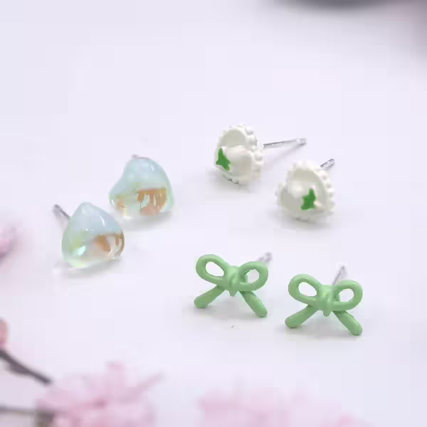 蝴蝶結小花愛心×三套件耳環組×綠色