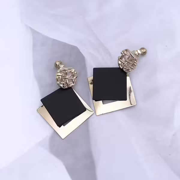 金屬編織紋大菱形×螺旋耳夾