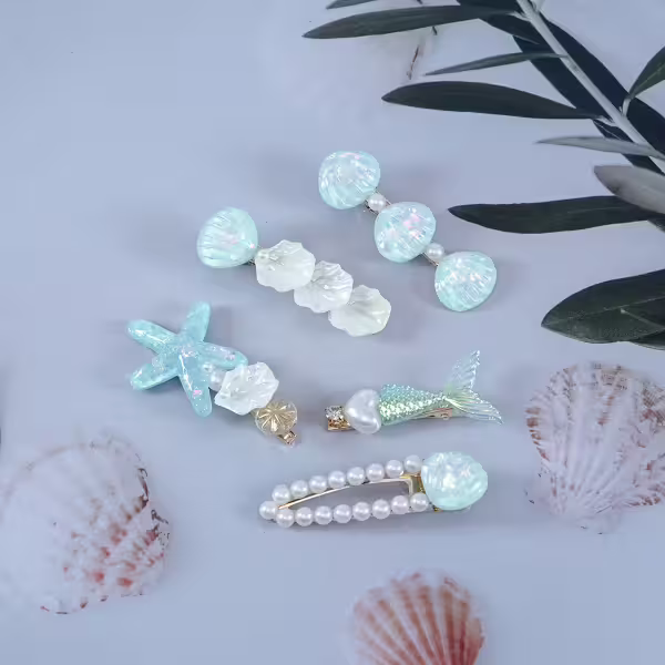 美人魚珍珠×五套件髮夾組×藍色