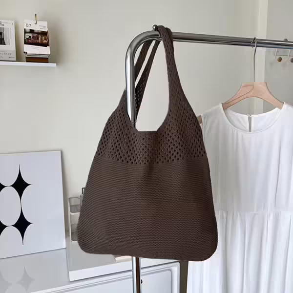 素色拼接鏤空針織×肩背包×棕咖