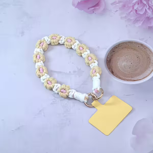 小花朵編織×手機腕帶掛繩×白黃