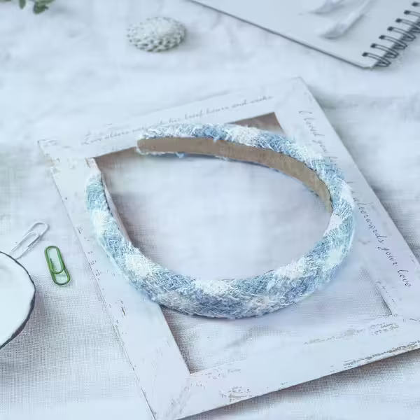 藍白菱紋小香風毛呢×髮箍