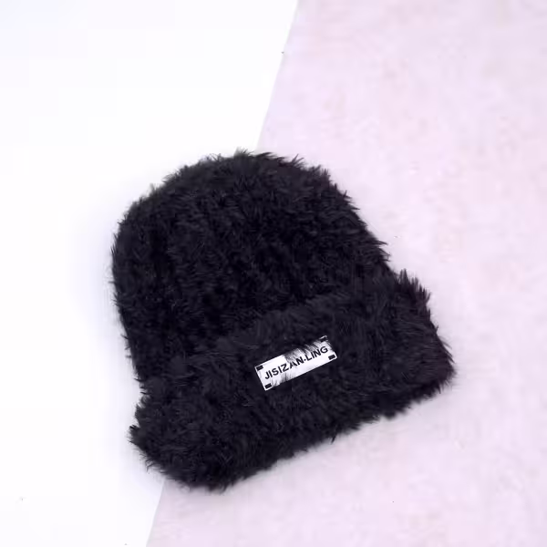 金屬標牌仿貂毛×毛帽×黑色