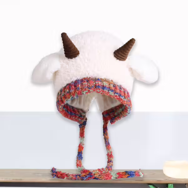 小羊角絨毛×毛帽×白色