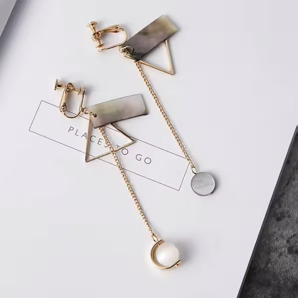 三角貝紋琉璃圓珠&times;流蘇螺旋耳夾-第2張