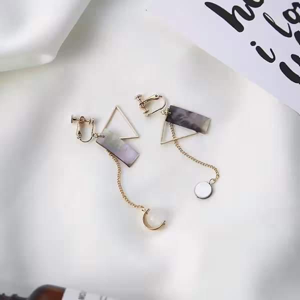 三角貝紋琉璃圓珠&times;流蘇螺旋耳夾-第3張