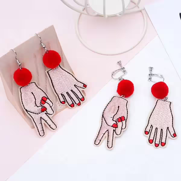 刺繡毛球剪刀與布×不對稱吊墜耳環-第5張