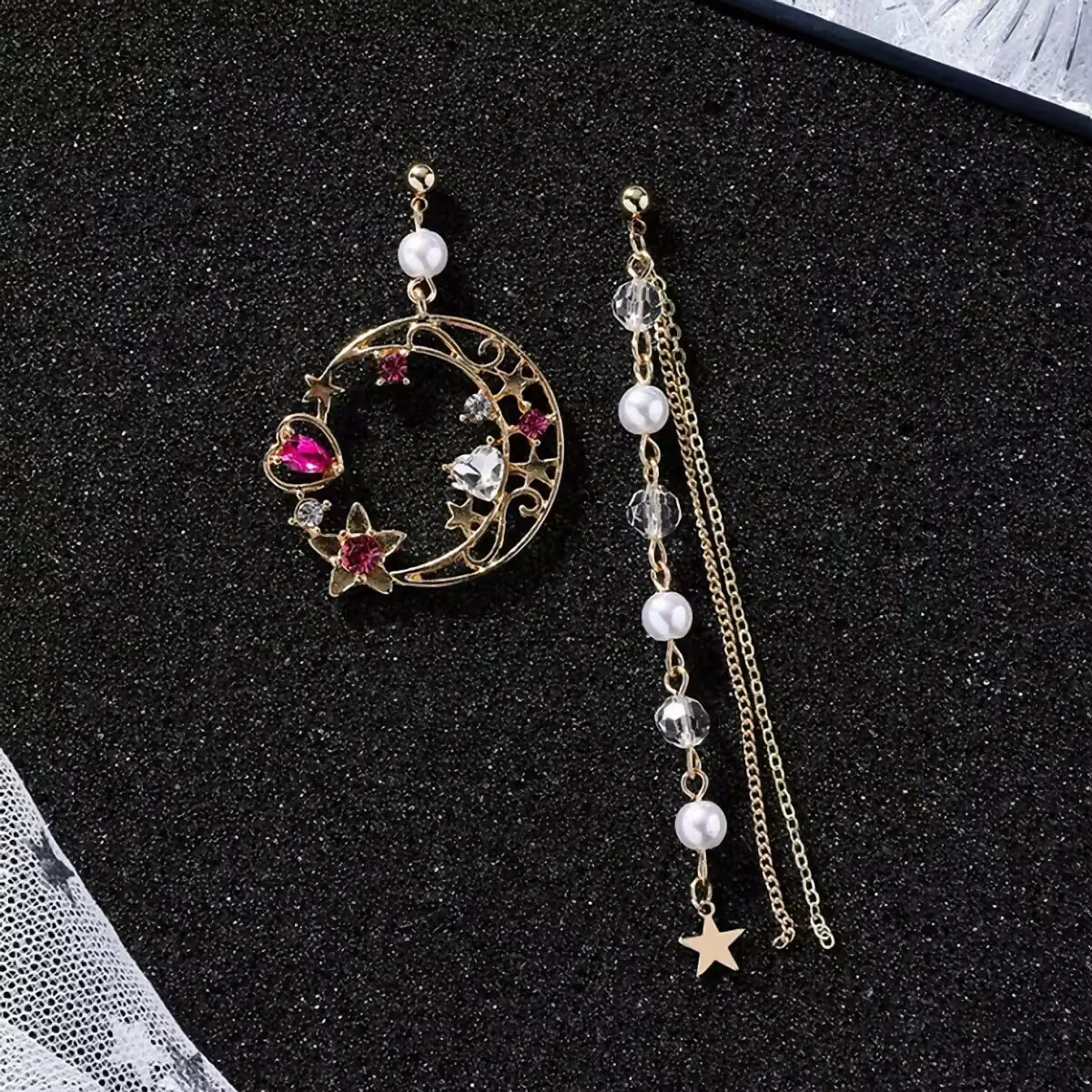 桃晶星心珍珠流蘇×不對稱吊墜耳環-第5張