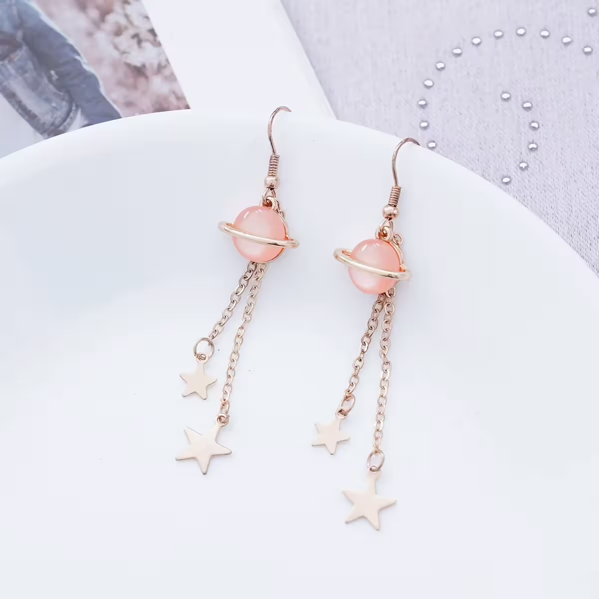 粉紅貓眼星球垂墜星星×吊墜耳勾-第3張