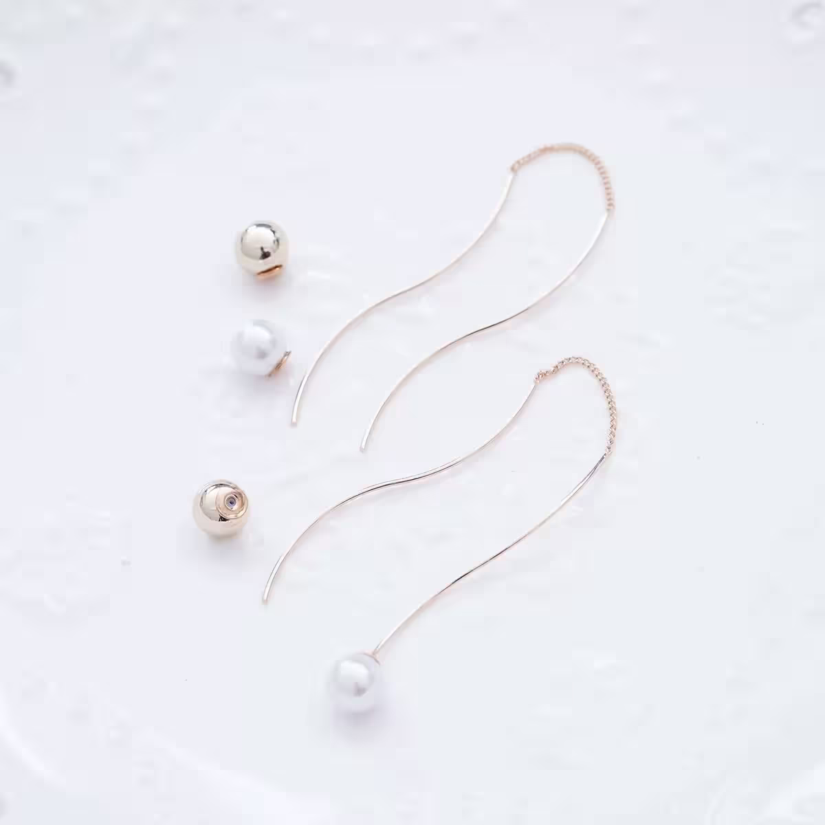 金屬珍珠波浪球×後掛式吊墜耳線-第2張