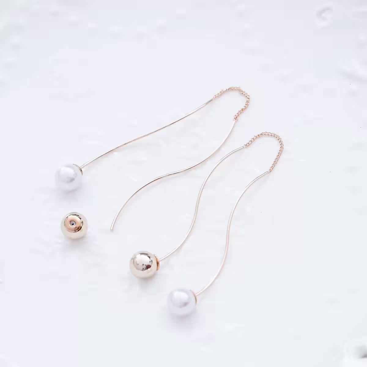 金屬珍珠波浪球×後掛式吊墜耳線-第3張