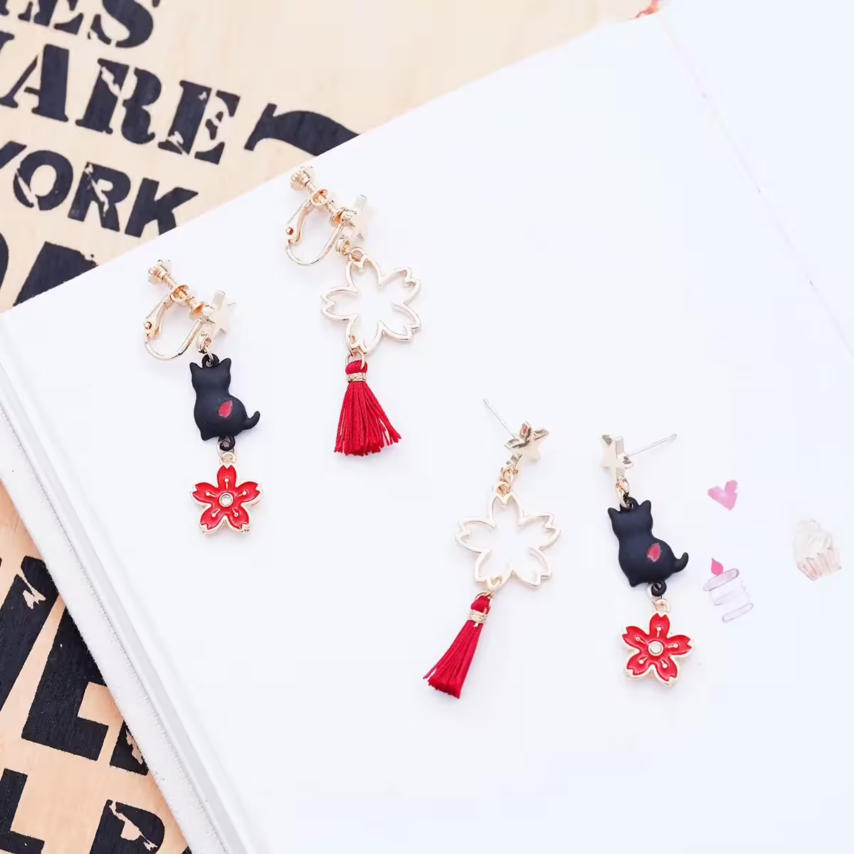黑貓紅櫻流蘇×不對稱吊墜耳環-第5張