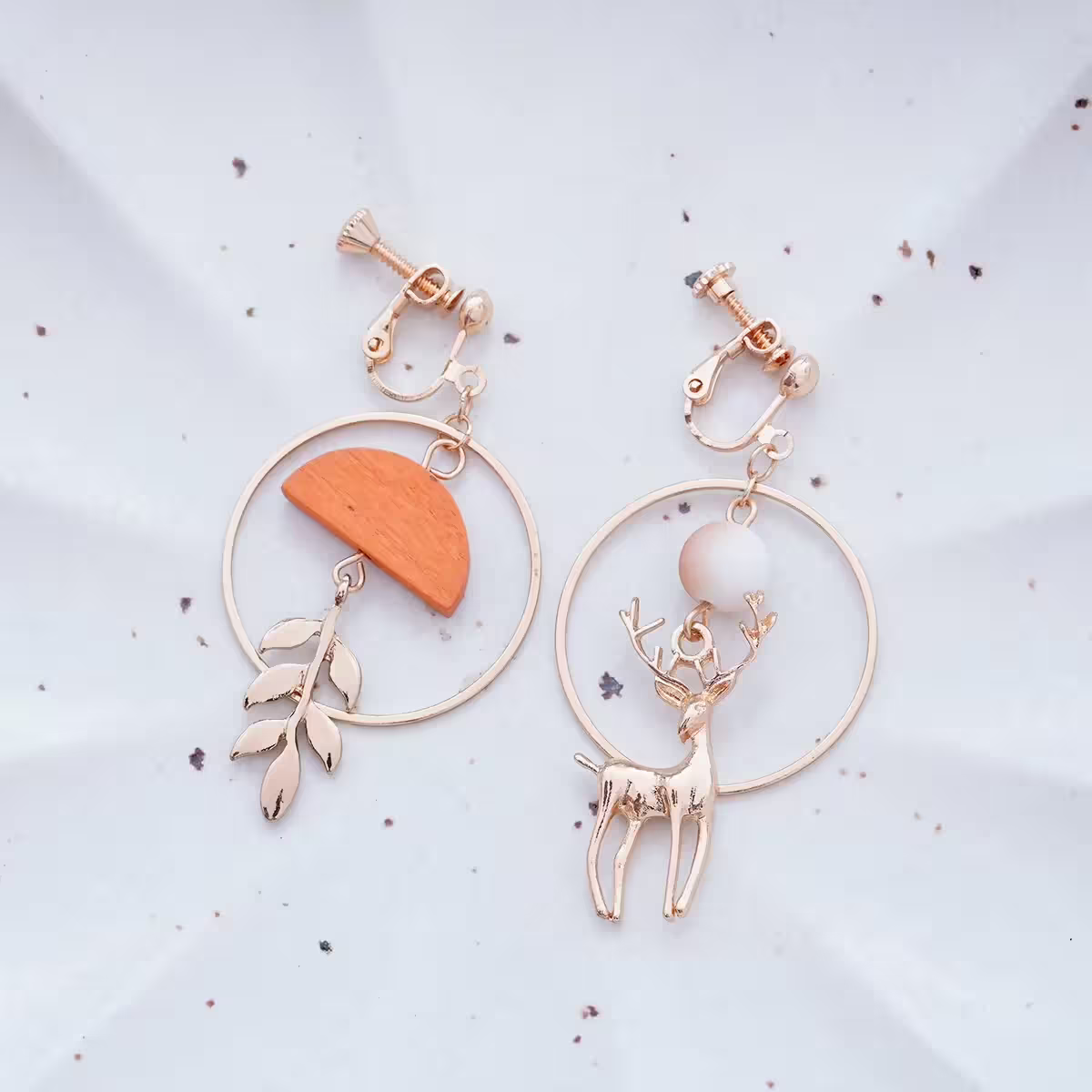 小鹿樹葉圓環木片×不對稱螺旋耳夾-第1張