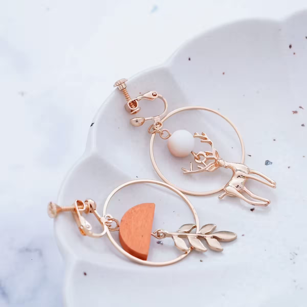 小鹿樹葉圓環木片×不對稱螺旋耳夾-第2張