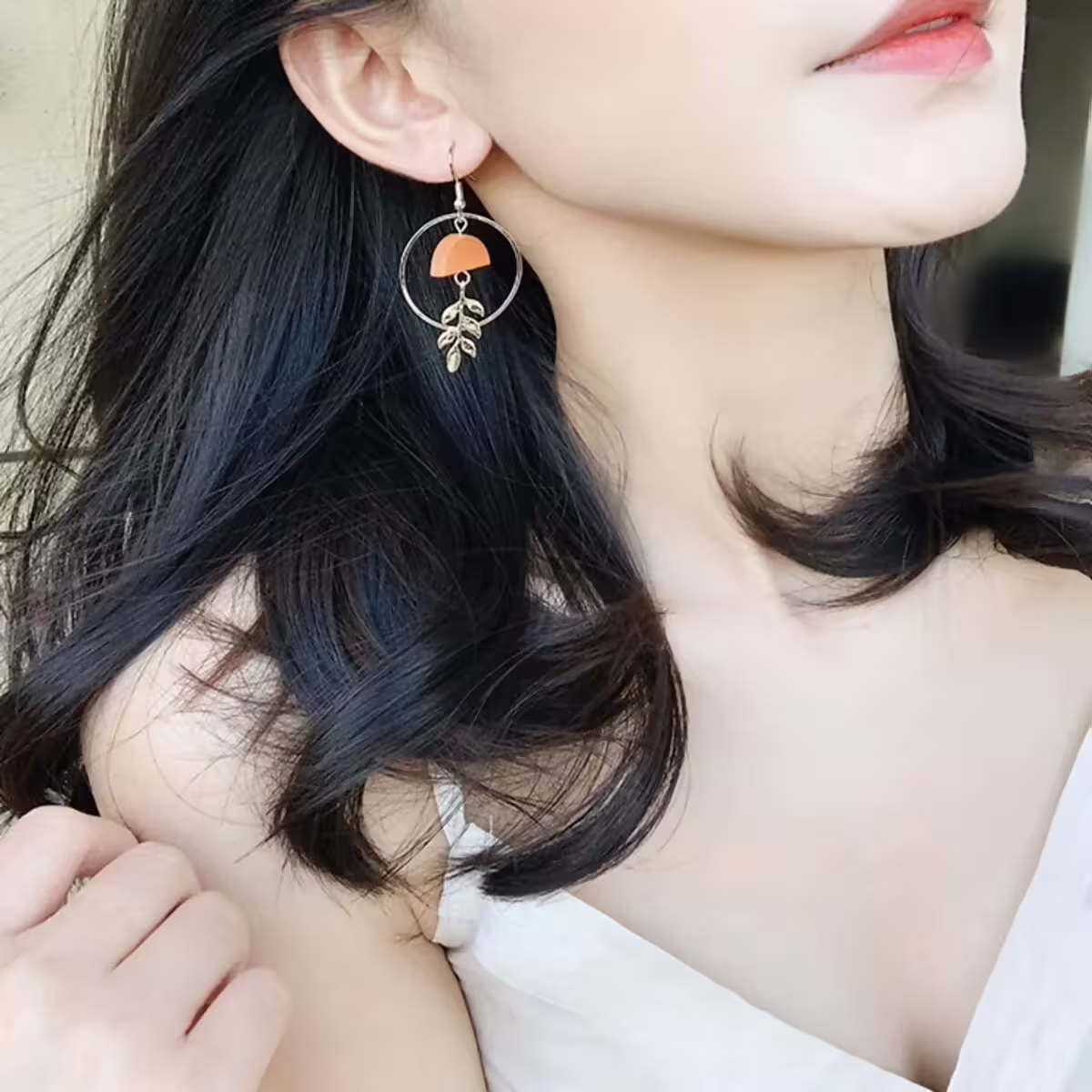 小鹿樹葉圓環木片×不對稱螺旋耳夾-第6張