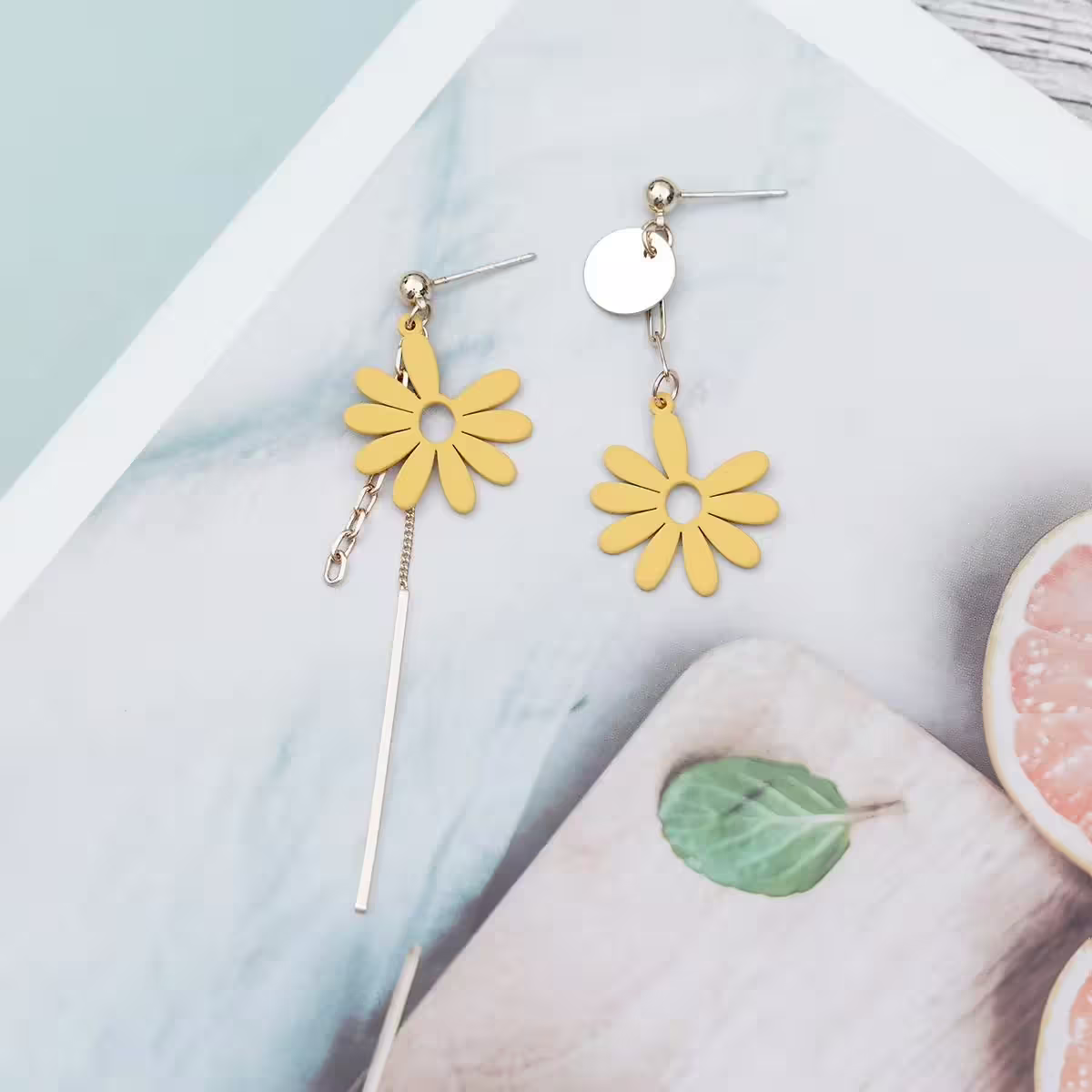 小清新黃雛菊&times;不對稱吊墜耳環-第4張