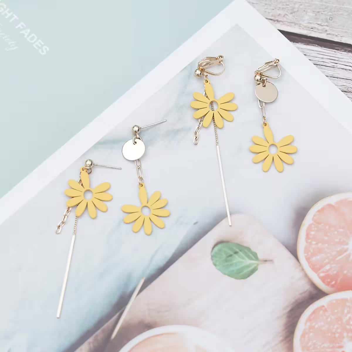 小清新黃雛菊&times;不對稱吊墜耳環-第6張