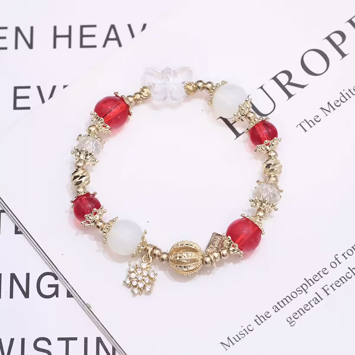 聖誕雪花紅金琉璃&times;固定式串珠手鍊-第1張