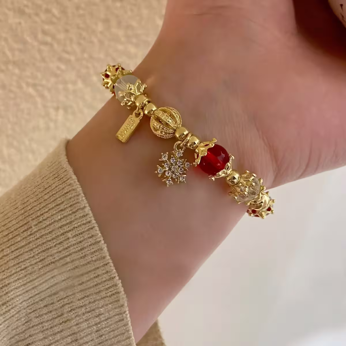 聖誕雪花紅金琉璃&times;固定式串珠手鍊-第5張