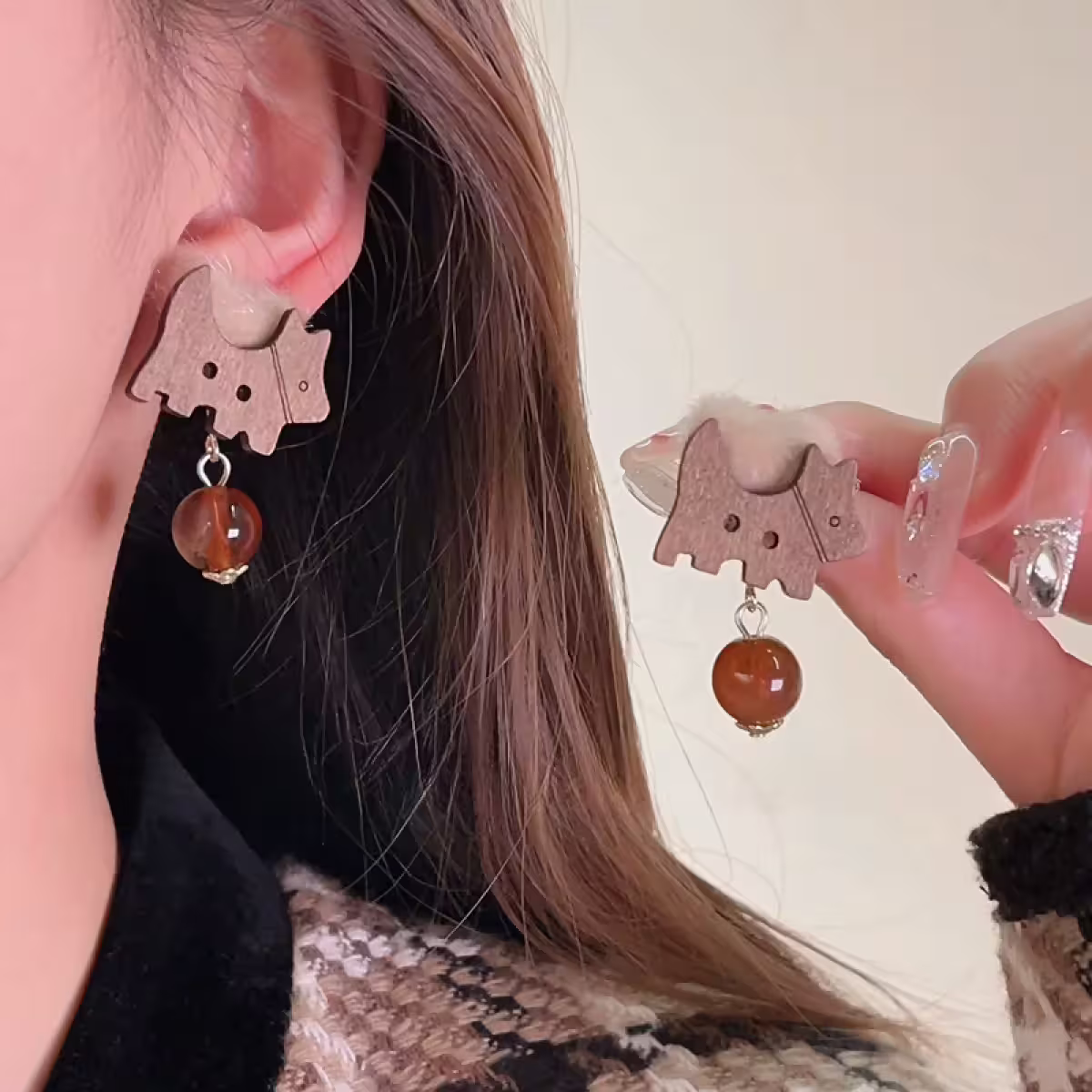 木頭小狗毛毛球&times;三角耳夾-第5張