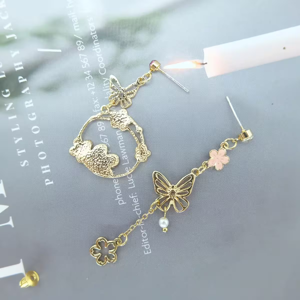 粉櫻追蝶×不對稱吊墜耳環-第4張