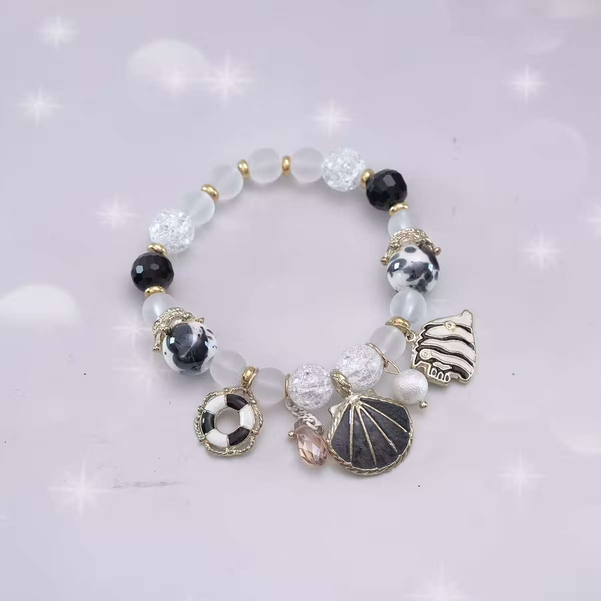 甜美貝殼海洋熱帶魚×固定式串珠手環×黑色-第1張