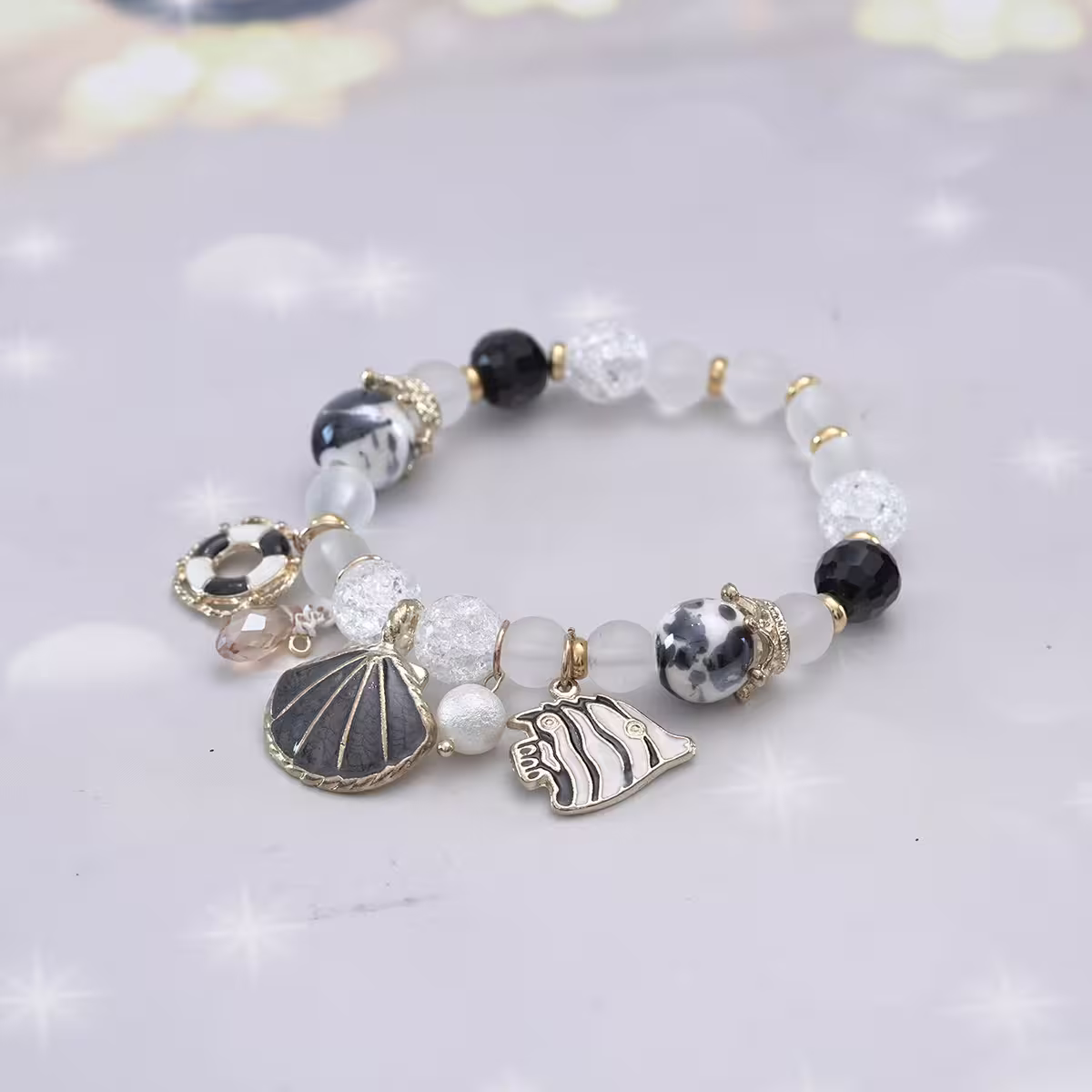 甜美貝殼海洋熱帶魚×固定式串珠手環×黑色-第2張