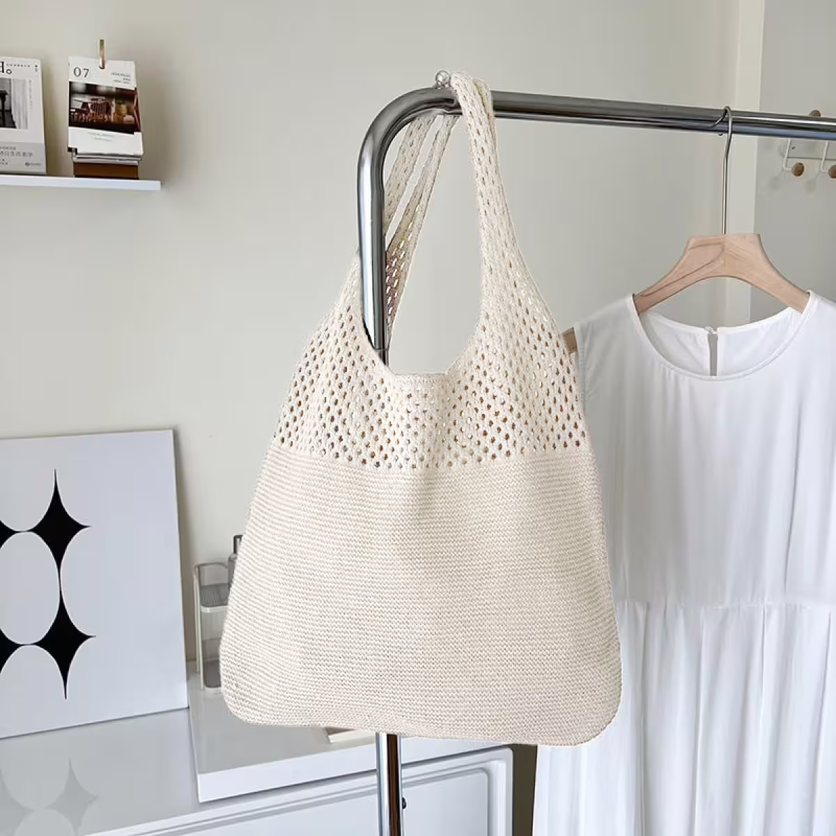 素色拼接鏤空針織×肩背包×米白-第1張