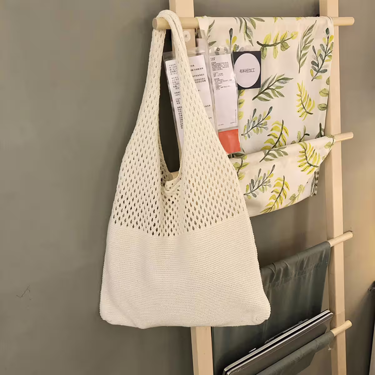 素色拼接鏤空針織×肩背包×米白-第2張