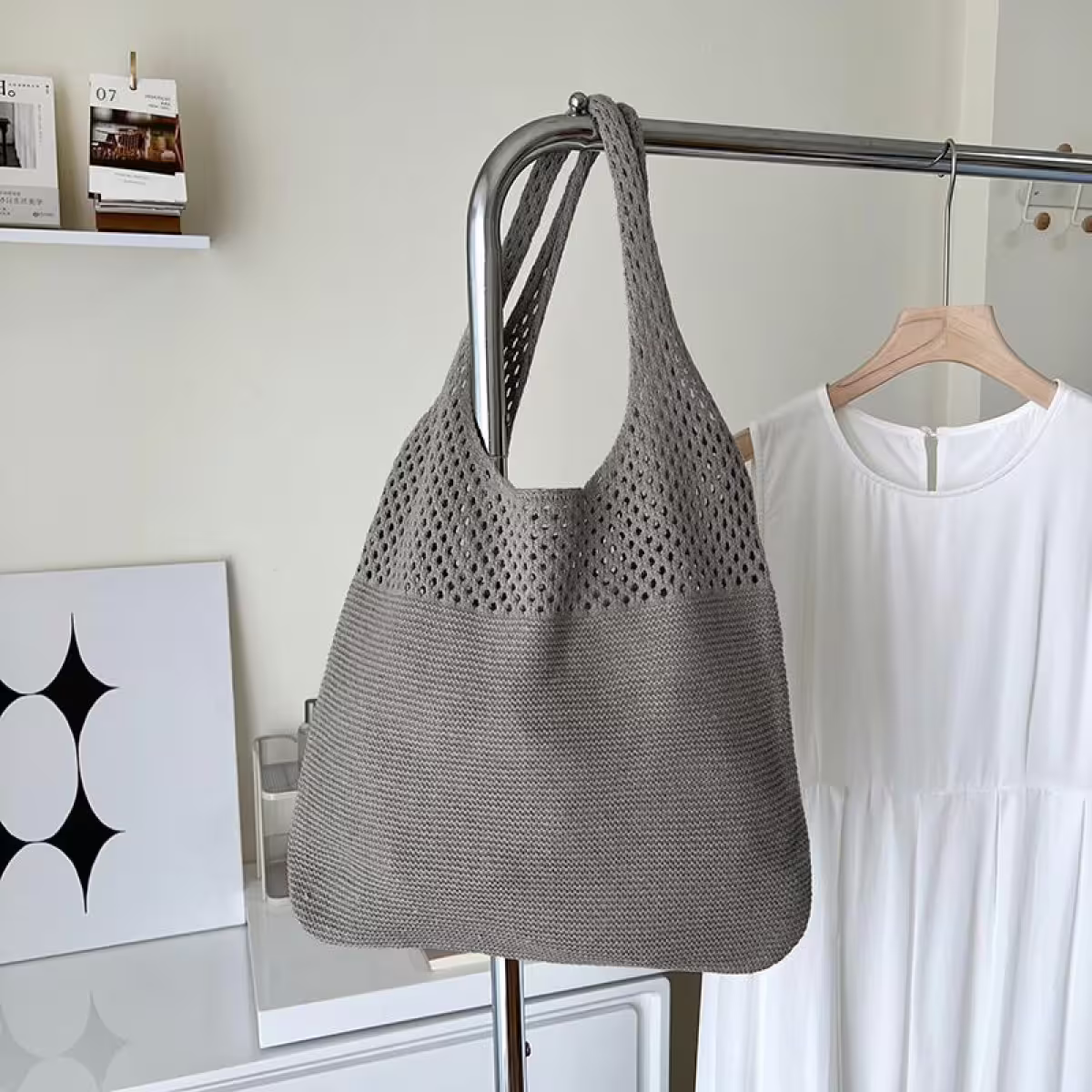 素色拼接鏤空針織×肩背包×灰色-第1張