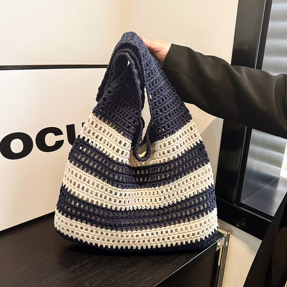 條紋拼接鏤空針織×肩背包×深藍-第3張