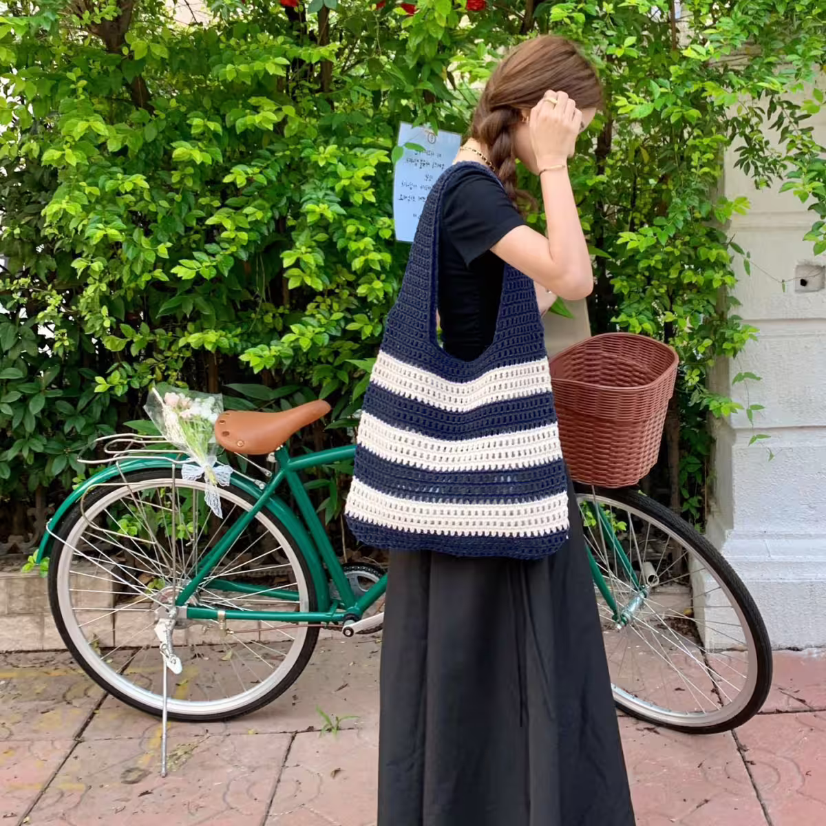 條紋拼接鏤空針織×肩背包×深藍-第4張