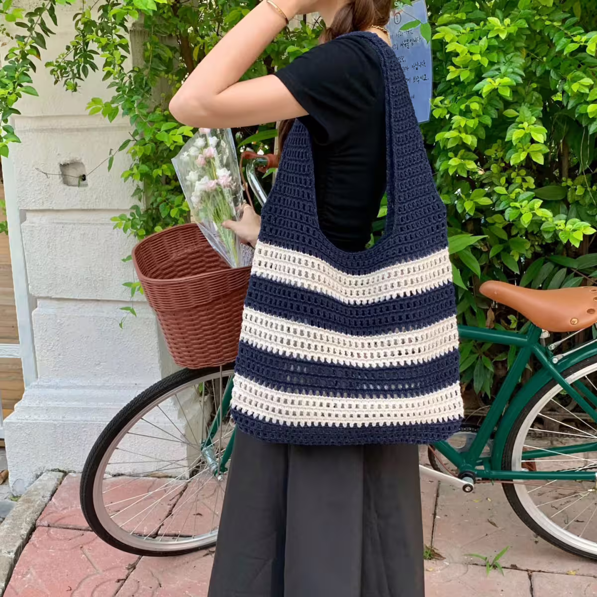 條紋拼接鏤空針織×肩背包×深藍-第5張
