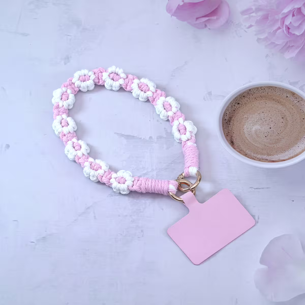 小花朵編織×手機腕帶掛繩×粉白-第1張